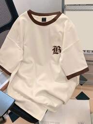 Claim Dot Camiseta de manga corta casual de hombre con impresión de letra y ribete de contraste