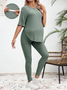 SHEIN 2pcs/Set Maternity Solid Crew Neck Short Sleeve Top And Casual Pants - Green - View 3