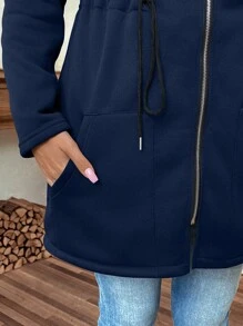 Calvaya 大尺碼女款連帽抽繩收腰休閒百搭外套 秋冬女裝 大尺碼連帽長版外套 女款拉鍊連帽夾克 秋季外套 - 藏蓝色 - 查看 6