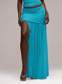 MUSERA 褶皱垂坠超高开衩半身裙，仅限伊比沙岛性感度假夏季节日沙滩装，浪漫优雅，适合生日、婚礼宾客、7月4日派对、狂欢节、婚礼派对、复活节等场合。 - 藍色 - 查看 2