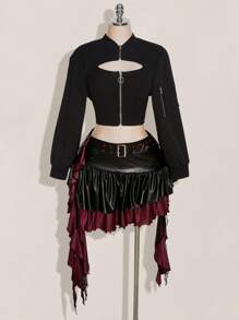 SHEIN ICON 大码翻盖口袋拉链超短款夹克（不含吊带背心） - 黑色 - 查看 4