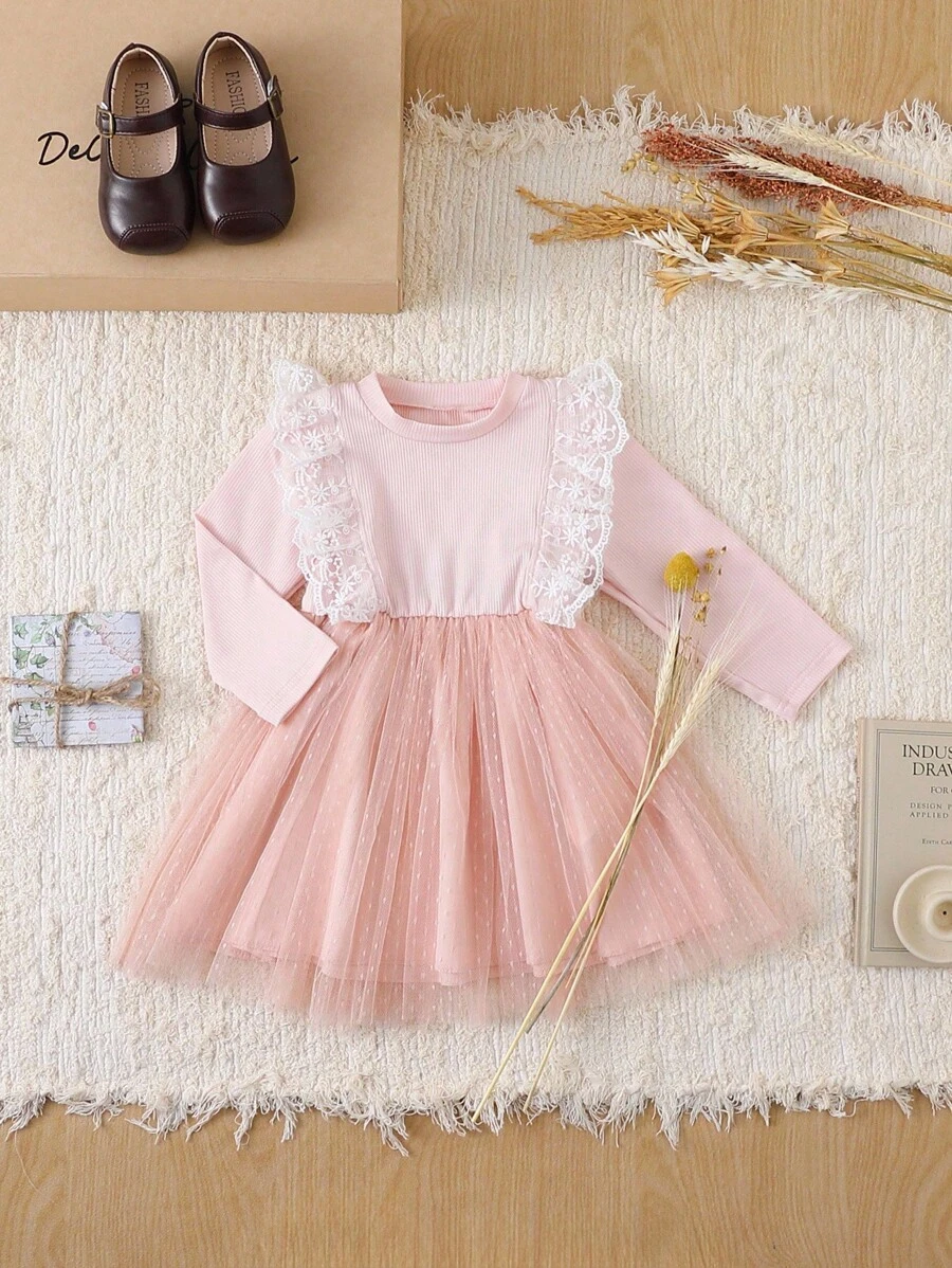 SHEIN Baby Girls' Pink Lace Patchwork Elegant Long Sleeve Dress - Pink - View 1