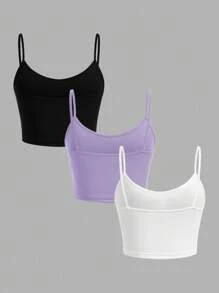 SHEIN EZwear Bộ 3 áo hai dây bó sát màu đen, tím, trắng dành cho nữ, thích hợp mặc vào mùa hè - Nhiều màu - Xem 2
