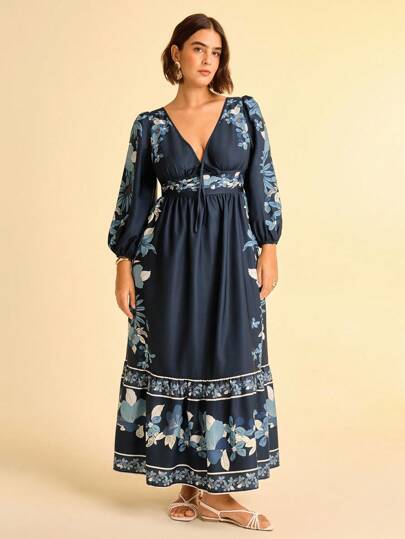 CAJUNI Plus Size Women's Boho Tropical Floral Print V-Neck Long Sleeve Waist Tie A-Line Maxi Dress, Vacation Style