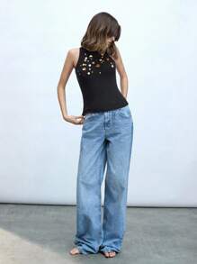 Maija 女士无袖金属花卉装饰圆领舒适背心，适合音乐节、派对、复古风格