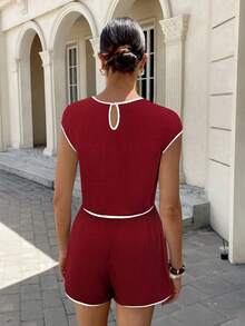 Siren Gaze Ensemble short femme d'été de couleur unie avec bordure contrastée, tenue 2 pièces en lin pour femmes - Rouge foncé - Voir 2