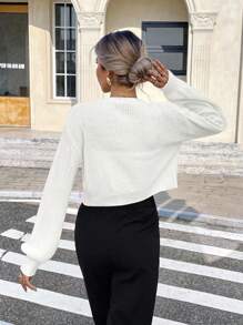 Serisse Solid Drop Shoulder Button Up Crop Cardigan,Knitted Sweater In Fall/Winter White Casual Spring - White - View 2