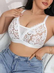 SHEIN Lingerie in taglia curvy, colore unito, in rete e pizzo, sexy e trasparente - Bianco - Visualizzare 4
