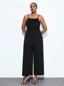 Maija Plus Size Black Sleeveless Pleated Front Wide Leg Jumpsuit,Summer Elegant Formal Evening Casual Solid Color Business Modest Vintage Teacher Outfits - Black - View 3