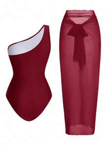 Swim Oasis 1 Piece Women Solid Color Ruched One-Piece Swimsuit With Cover-Up And Sarong Skirt For Summer Beach Vacation - Burgundy - View 2