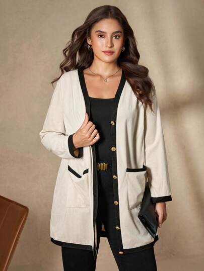 Chikora Plus Size Women Casual Contrast Trim Button Pocket Jacket Long Cardigan For Women Long Jacket For Women Cardigan Sweater Women Women Cardigan Sweaters Long Sleeve Cardigan Long Sleeve Cardigan Women Fall Clothes Plus Size Business Casual Woman Office Outfits For Women Work Clothes Women Work Clothes Cardigans Winter Autumn