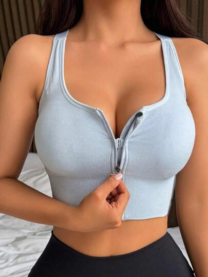 DAZY 女士前拉链交叉肩带无缝轻薄衬垫运动文胸