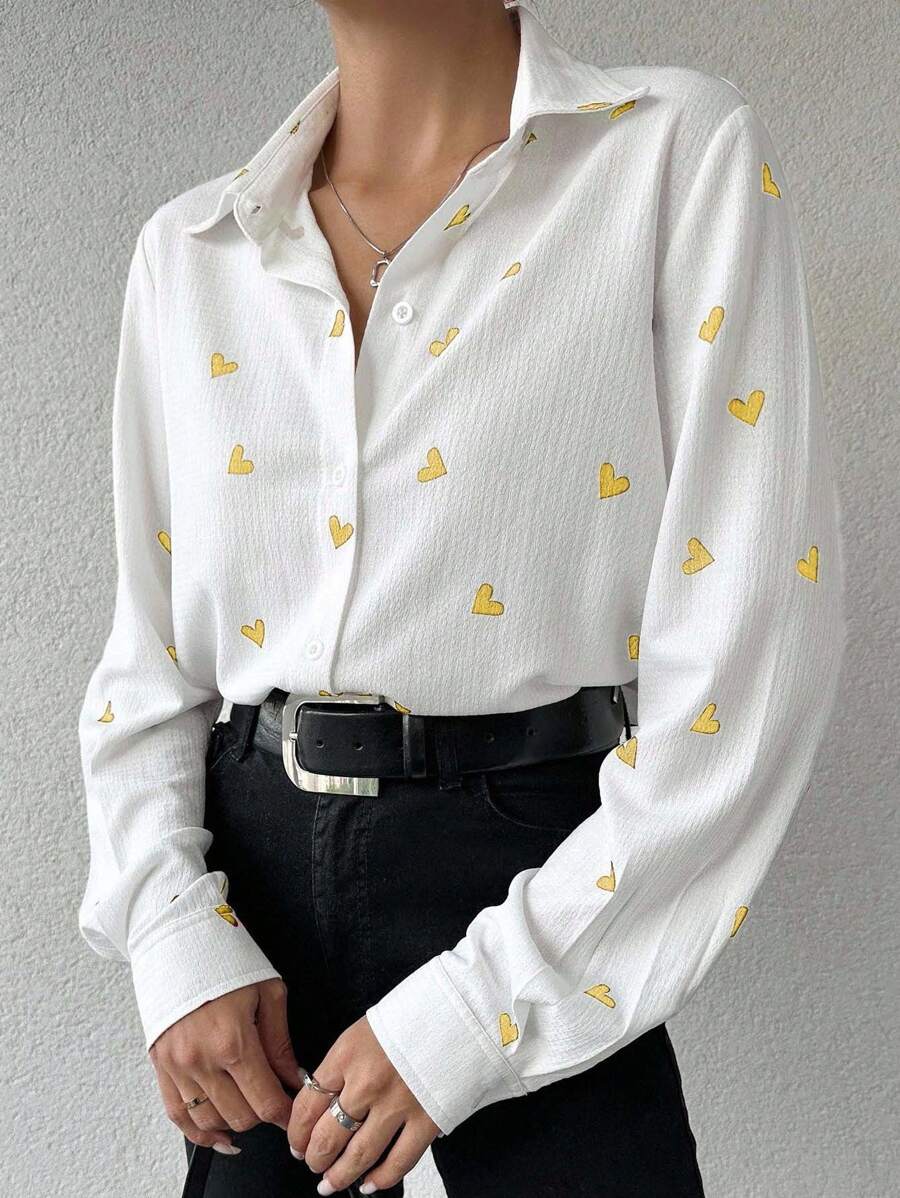 EURMUSE 女式落肩单排扣心形印花休闲百搭衬衫 - 芥末黃 - 查看 1