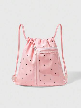 Anime Zaino a coulisse con pois rosa in stile retrò, con tasca laterale con cerniera trasparente, zaino casual multifunzionale di grande capacità adatto per campus, vacanze, eventi sociali, shopping