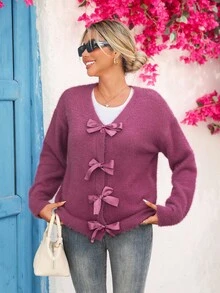 Vivid Eden Suéter de Manga Longa com Laço Decorativo em Cor Sólida para Mulheres, Cardigã Roxo, Cardigã Felpudo, Suéter Roxo, Cardigã Feminino, Cardigã com Laço, Casual para Mulheres, Cardigã com Nó em Laço, Cardigã para Mulheres no Outono e Inverno - Rosa chiclete - Visão 3