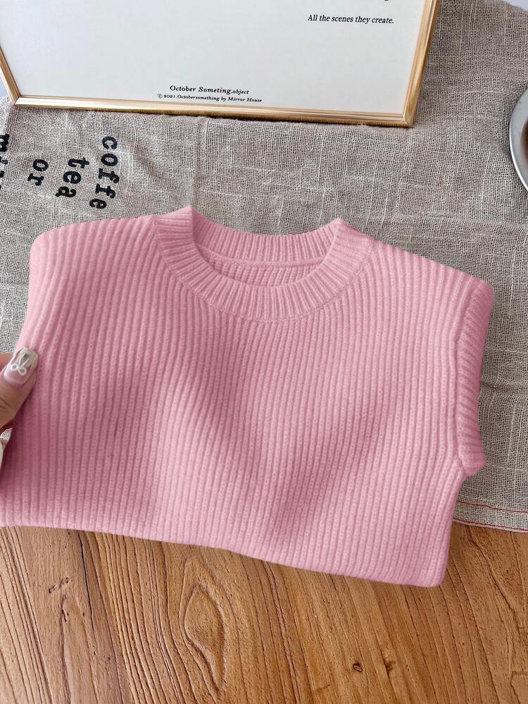 SHEIN LMoss Kids LMoss Baby Girl Cute Minimalist Beige Long Sleeve Sweater Dress, Autumn/Winter Baby Girl Pink Sweater Dress Winter Baby Girl Dress Toddler Girl Pink Dress Baby Girl Long Sleeve Dress Pink Knit Baby Dress Fall - Dusty Pink - View 3