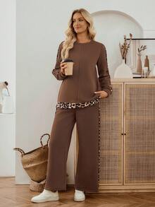 EMERY ROSE 女士休闲豹纹拼布卫衣和裤子两件套，秋冬两件套女士棕色两件套女士豹纹两件套两件套休闲套装女士女士棕色休闲套装 - 巧克力棕 - 查看 3