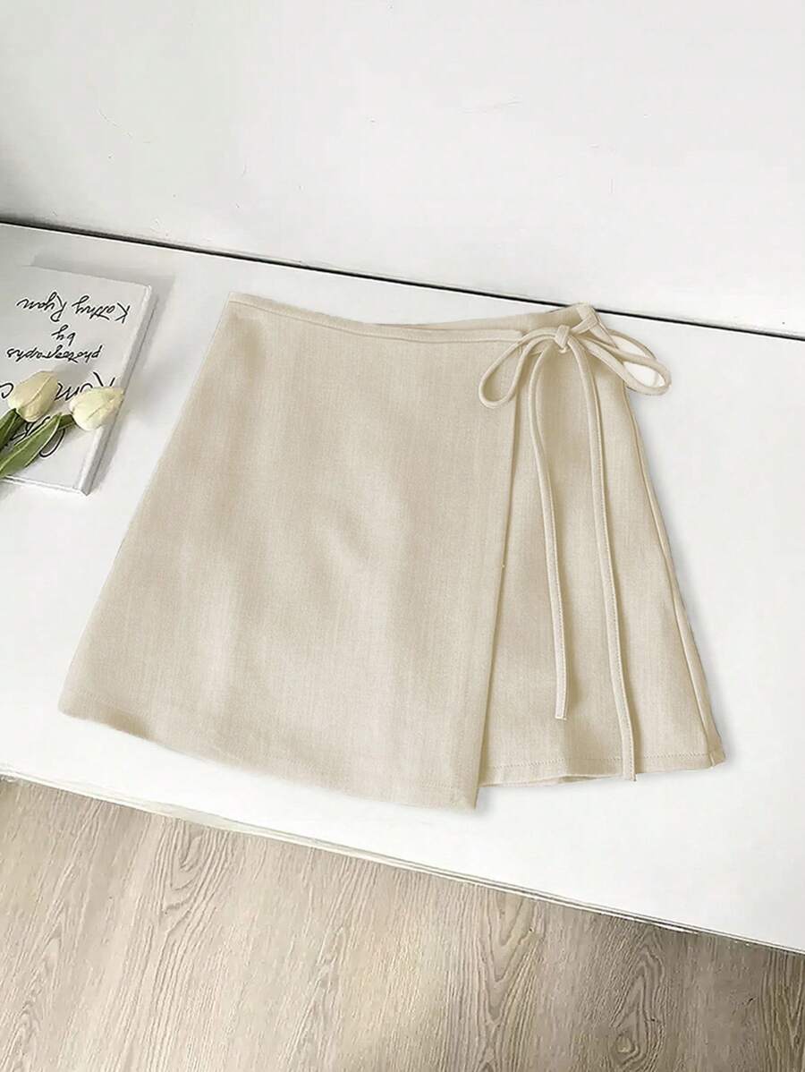 SHEIN Franclia Graduation Wear Casual Versatile Straps Asymmetrical Hem New Summer Style Textured Wide Fabric Skirt, Casual Spring - Champagne - View 1