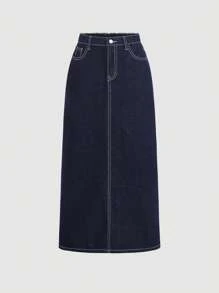 SHEIN Girlism 少女 Y2K 休闲装 2000 年代复古纯色水洗高腰老款休闲牛仔宽松牛仔裤长裙，撞色缝线，适合日常旅行、户外、居家、早午餐、茶会、通勤、机场穿着，女孩秋季服装，少女返校学院风返校节服装 - 深色水洗藍 - 查看 4