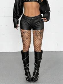 Coolane Women's Summer Streetwear Concert Music Festival Y2K  Basic Daily Wear Casual Leather Stretchy Bustier Black Low Rise Shorts - Black - View 3