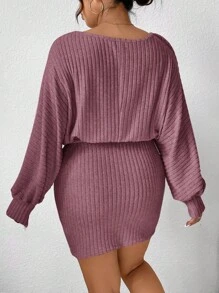 SHEIN Frenchy Plus Size Casual & Commute Solid Color Batwing Sleeve Dress,Fall Clothes For Women - Red Violet - View 2