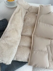 SHEIN 青少年女孩拉链加厚休闲背心外套，冬季外套，适合秋季、冬季和返校季节 - 杏色 - 查看 10