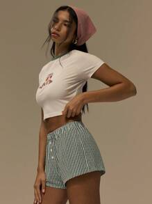 MUSERA Tricou scurt cu imprimeu, guler contrastant, strâmt, drăguț, casual, grafic, tricou streetwear, festival, toamnă, boho, stil rustic