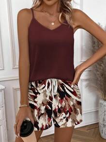 EMERY ROSE 2pcs Casual Minimalist Burgundy Printed Pattern Women's Set, Suitable For Summer - Multicolor - View 5