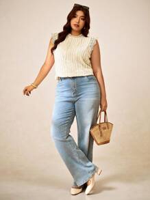 Elaquor Plus Size Elegant Solid Color Textured Sleeveless Shirt, Summer - Apricot - View 1