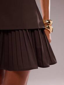 SHEIN BAE Váy mini xếp ly trơn màu thanh lịch dành cho nữ, mùa hè - Cà phê nâu - Xem 7
