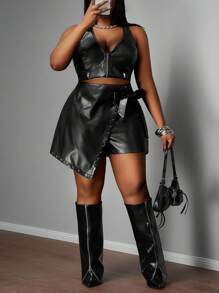 Slaydiva 2025 New Women Plus Size High Waist Rivet Tie Skort, Suitable For Daily Outing/Party, Travel, Party, Daily Travel, Graduation, Airport, Brunch - Black - View 9