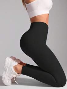 SHEIN Sports Women's Casual Solid Color High Waist Sports Leggings - Black - View 6