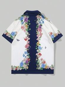 ROMWE MEN Casual 男士花卉蝴蝶印花短袖宽松纽扣衬衫 - 彩色 - 查看 2