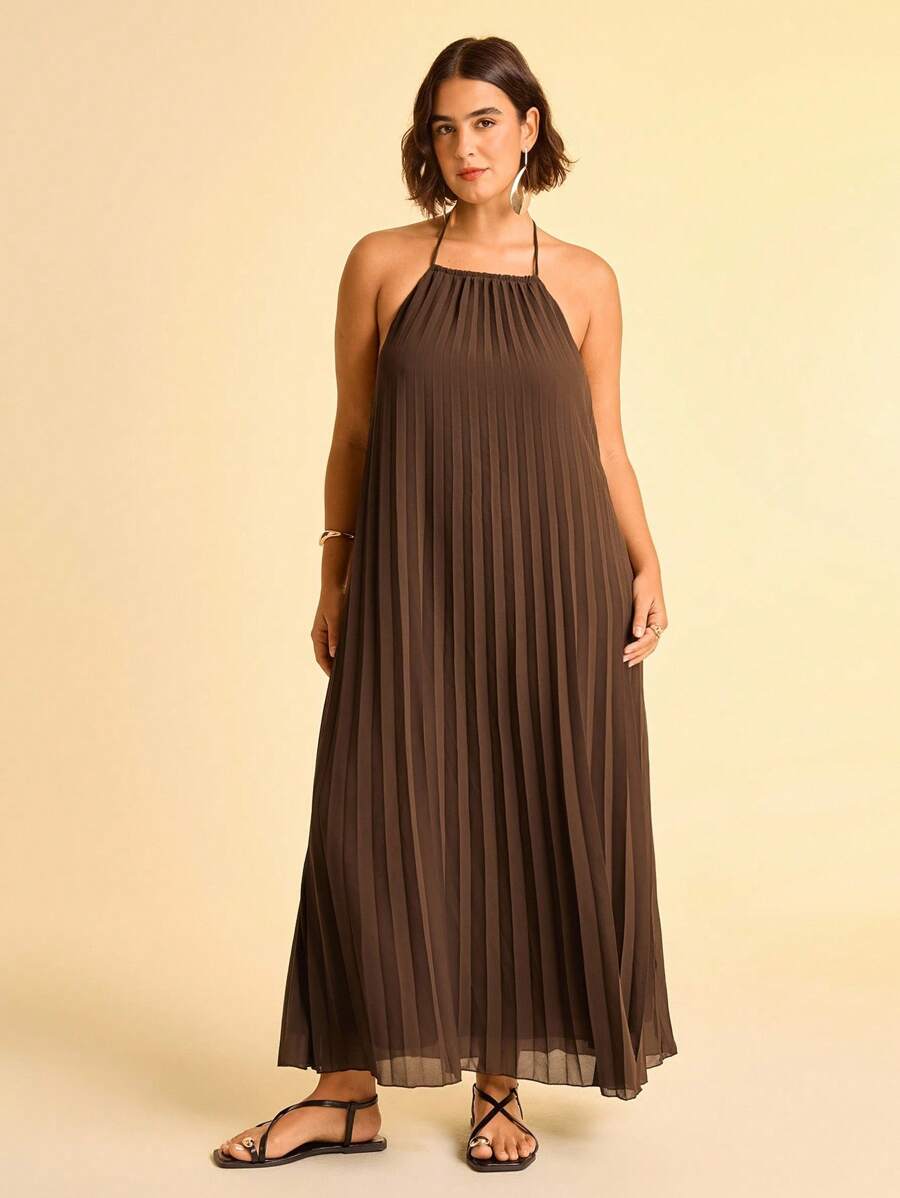 CAJUNI Plus Size Women's Boho Brown Pleated Halter Tie-Up Tassel Sleeveless Casual Summer Dress - Brown - View 1