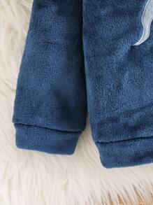 SHEIN 2 件套小男孩卡通恐龙刺绣圆领长袖上衣和长裤柔软舒适双面法兰绒睡衣套装，冬季