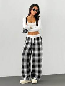 SHEIN PETITE 女款黑白格纹秋冬拉绒阔腿裤 - 黑與白 - 查看 3