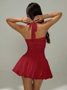 SHEIN PETITE Đầm xòe mini đơn giản hở lưng buộc dây cổ cho nữ màu trơn - Màu Đỏ Sâu - Xem 2