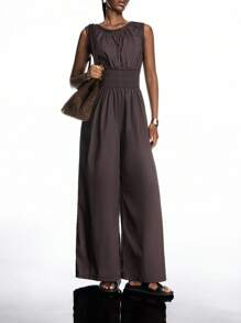 LYSMO 女式休闲纯色无袖收腰连体裤 - 棕色 - 查看 3