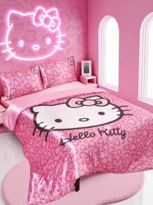 HELLO KITTY AND FRIENDS | SHEIN 3 件套粉色猫咪印花床上用品套装，缎纹面料，柔软凉爽，多种尺寸可选，适用于单人床/双人床/大床/特大床，适合房间装饰