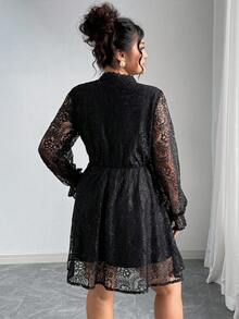 Elenzga Đầm dự tiệc dài tay ren thanh lịch cỡ lớn dành cho nữ - màu đen - Xem 3