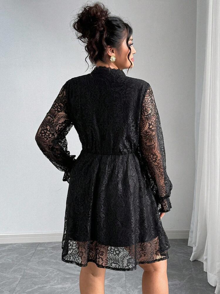Elenzga 大码女士优雅蕾丝长袖休闲派对连衣裙 - 黑色 - 查看 2