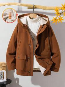 SHEIN 青少年男童休闲保暖内衬连帽中长款厚梭织夹克，带口袋，适合上学、花园、海滩、生日、春季、夏季、秋季、冬季