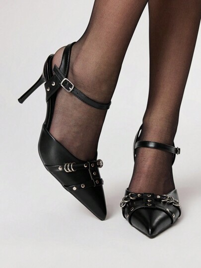 Goth Pointed Toe Stiletto High Heel Pumps, Studded Closed Toe Shoes For Women, Elegant Style For Spring & Summer