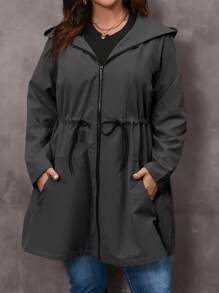 EMERY ROSE Jaket Kasual Wanita Ukuran Besar Lengan Panjang Warna Polos dengan Tali Serut di Pinggang dan Resleting Depan, Pakaian Musim Gugur untuk Wanita - Dark Grey - View 6
