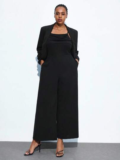 Maija Plus Size Black Sleeveless Pleated Front Wide Leg Jumpsuit,Summer Elegant Formal Evening Casual Solid Color Business Modest Vintage Teacher Outfits