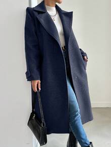 EURMUSE Women's Solid Color Lapel Collar Long Sleeve Long Fashionable Coat - Navy Blue - View 3