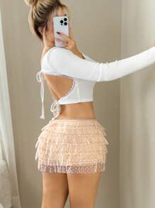 Sweetina 女士甜美可爱波尔卡圆点蛋糕褶迷你裙 - 杏色 - 查看 2