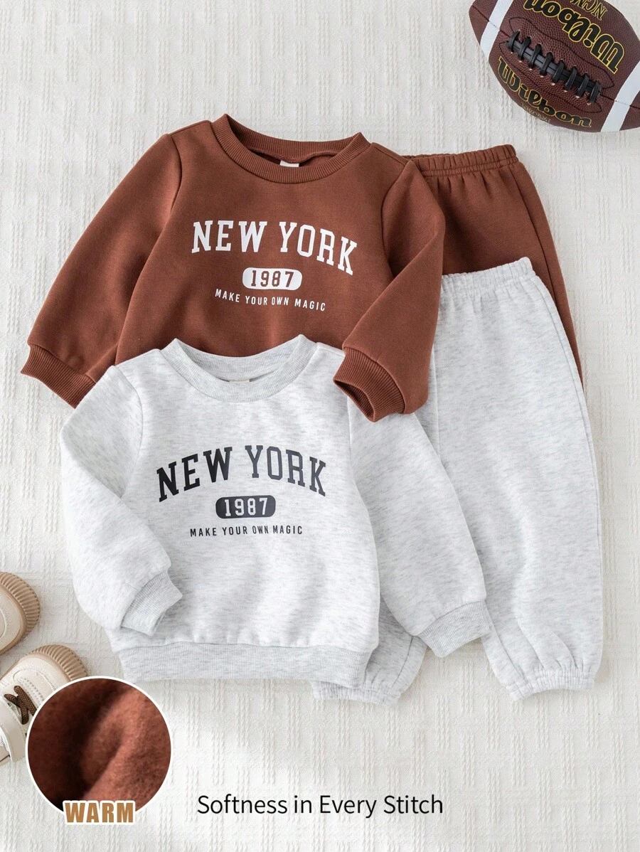 Cozy Pixies 4pcs Baby Boy Letter Print Soft Knit Crew Neck Long Sleeve Hoodie & Elastic Waist Ankle Pants Set Graphic Fall Winter - Multicolor - View 1