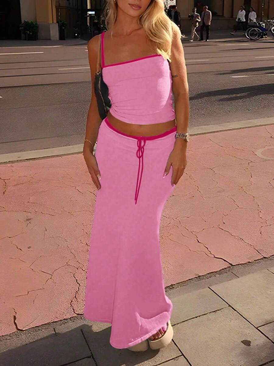 INAWLY 2pcs/Set Women Contrast Trim Cami Top And Drawstring Waist Skirt Set, Pink Outfit - Pink - View 1