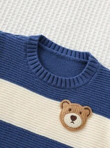 Cozy Pixies Baby Boy Cartoon Bear Striped Pattern Crew Neck Long Sleeve Sweater,In Fall/Winter